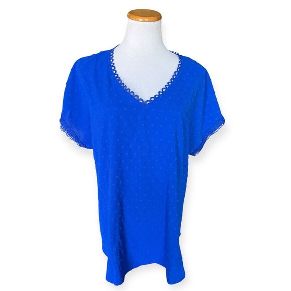 Womens Anthropologie Perch Swiss Dot Scalloped Royal Blue Top - Sz 1X - Picture 1 of 2